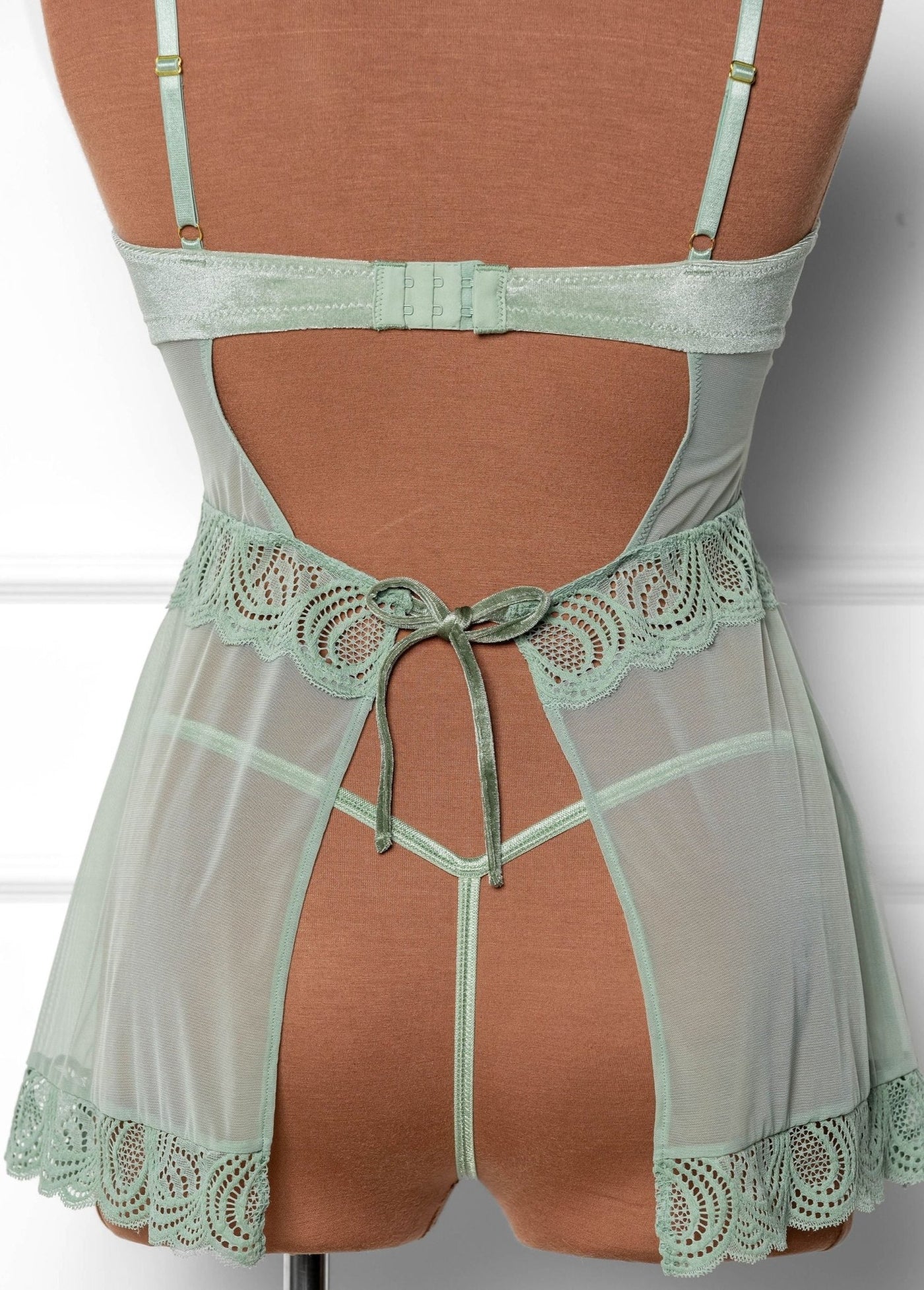 Lace & Velvet Strappy Babydoll - Misty Jade - Mentionables