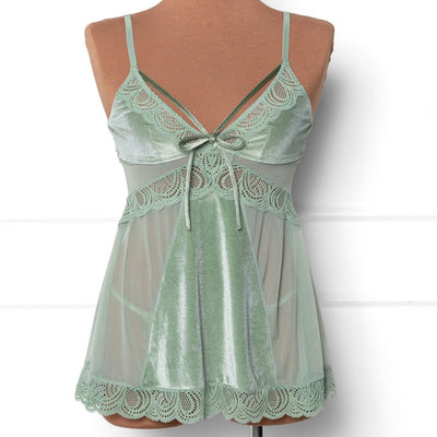 Lace & Velvet Strappy Babydoll - Misty Jade - Mentionables