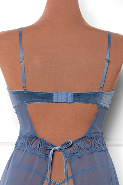 Lace & Velvet Strappy Babydoll - Winter Blue - Mentionables