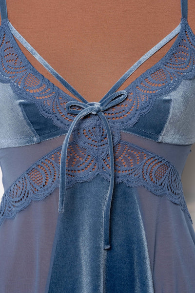 Lace & Velvet Strappy Babydoll - Winter Blue - Mentionables