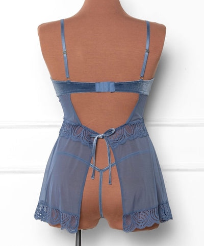 Lace & Velvet Strappy Babydoll - Winter Blue - Mentionables