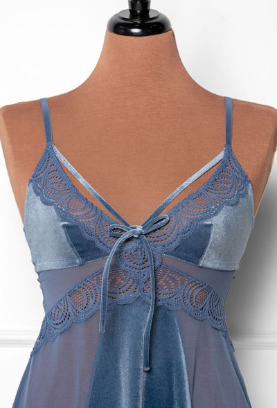 Lace & Velvet Strappy Babydoll - Winter Blue - Mentionables