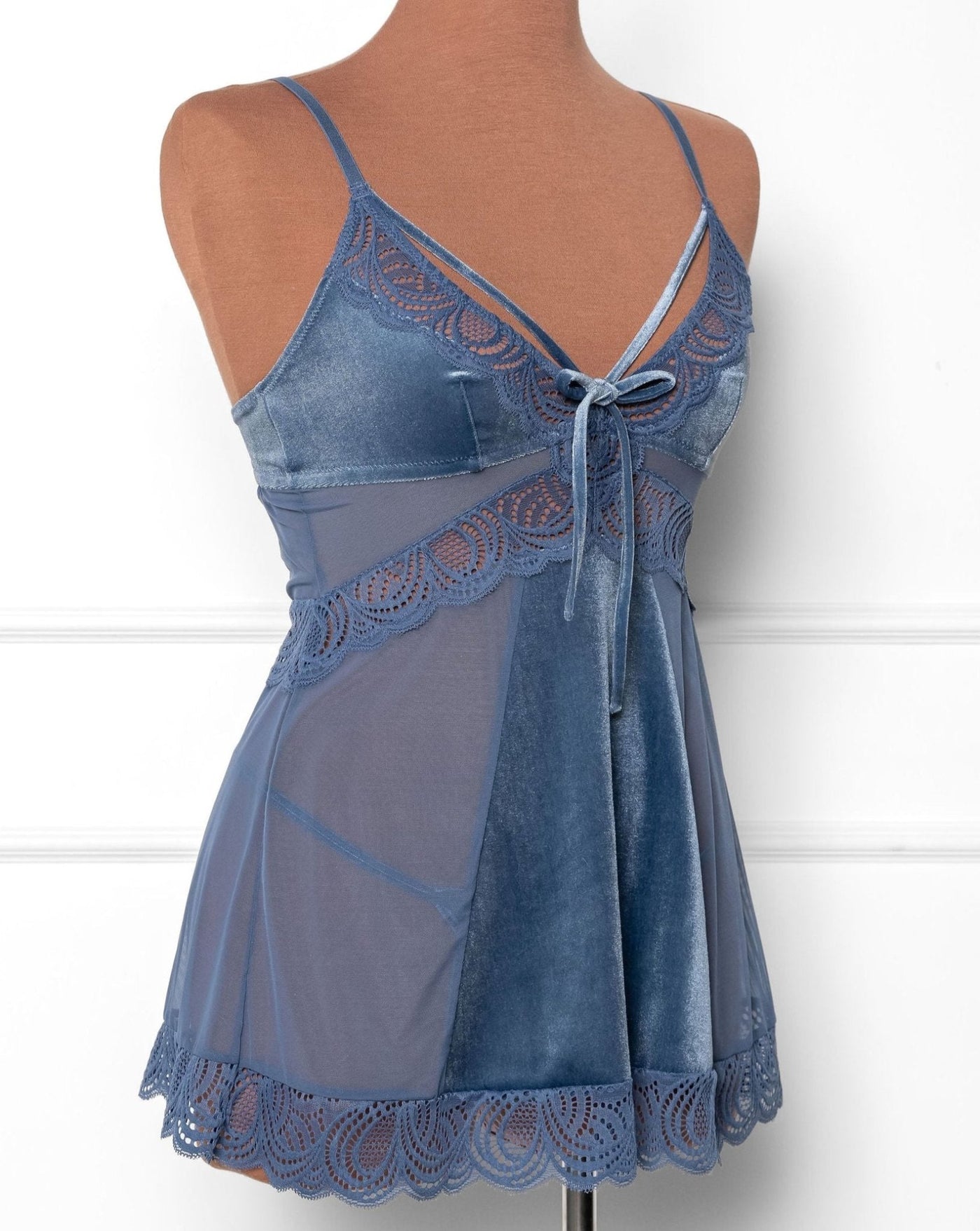 Lace & Velvet Strappy Babydoll - Winter Blue - Mentionables