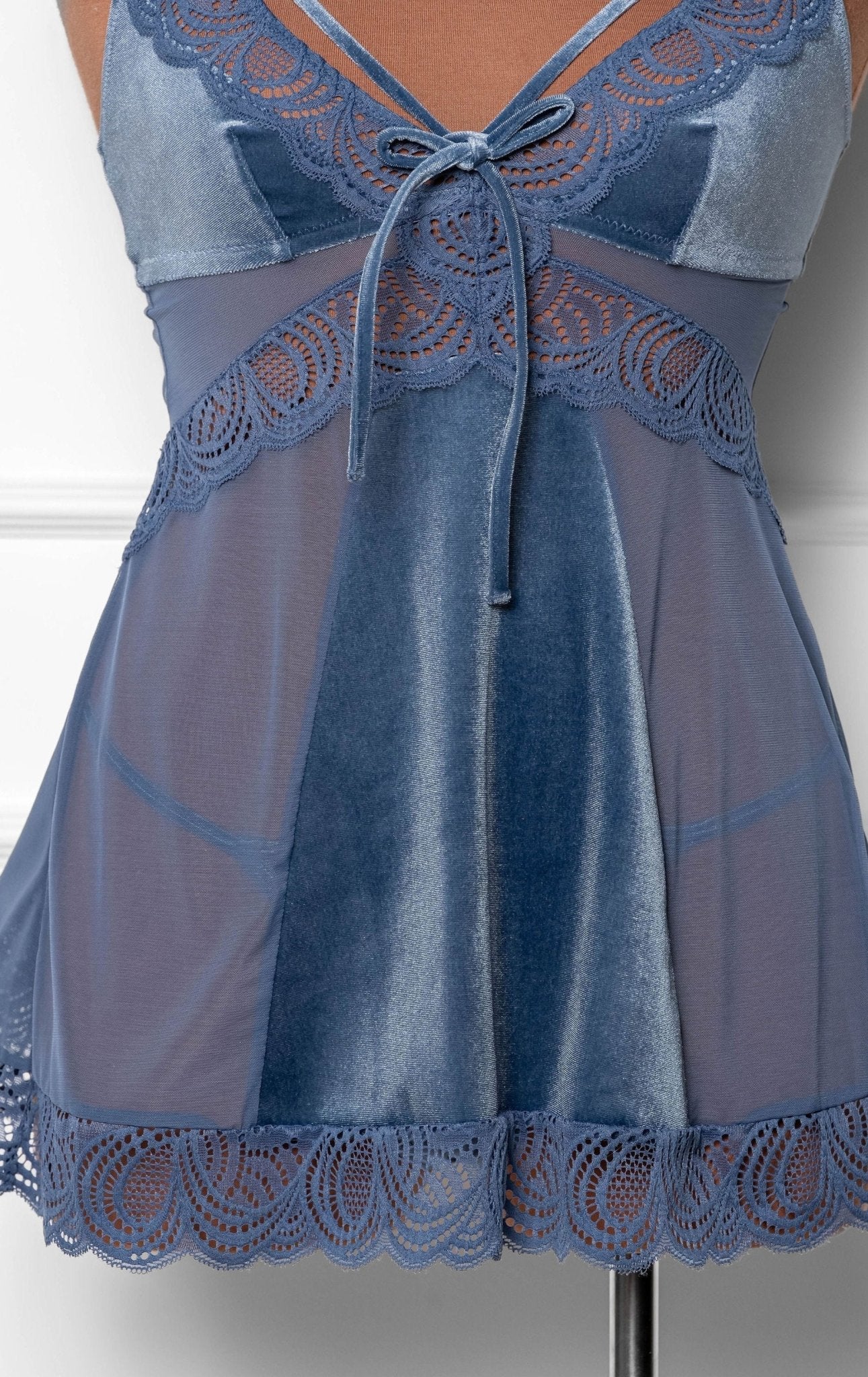 Lace & Velvet Strappy Babydoll - Winter Blue - Mentionables