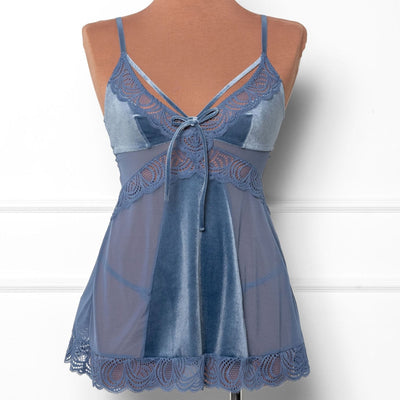 Lace & Velvet Strappy Babydoll - Winter Blue - Mentionables