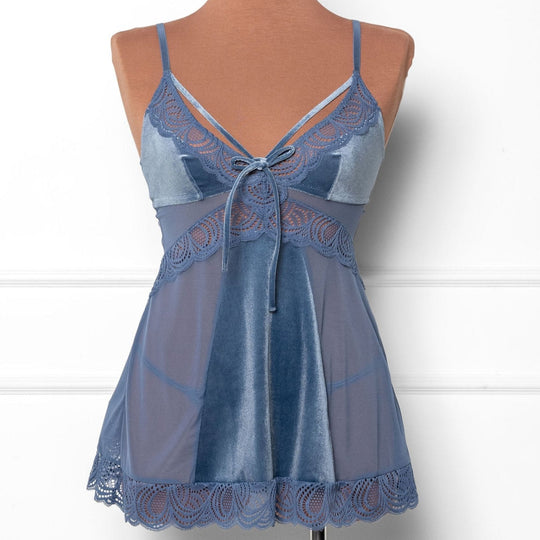 Lace & Velvet Strappy Babydoll - Winter Blue - Mentionables