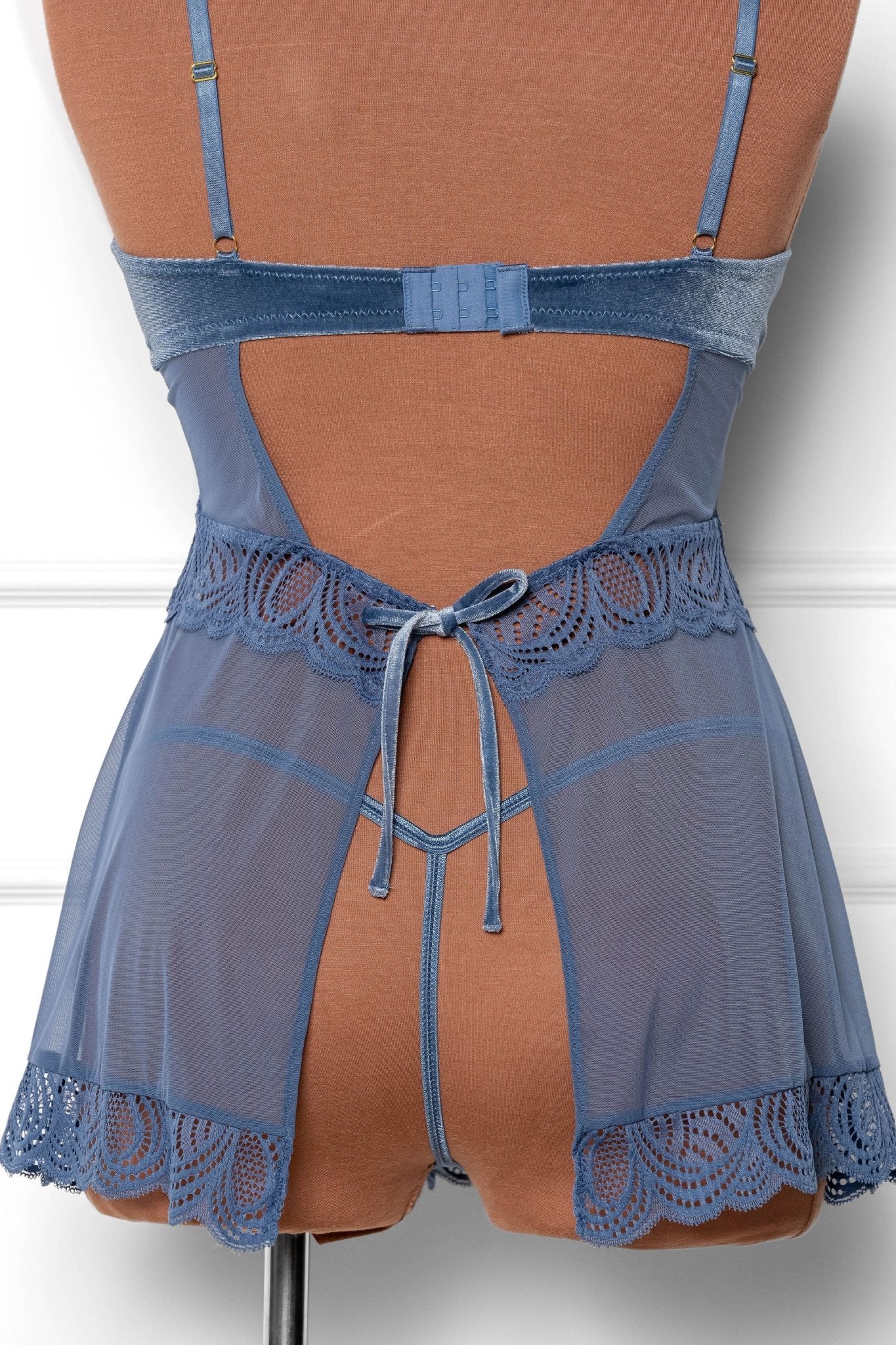 Lace & Velvet Strappy Babydoll - Winter Blue - Mentionables