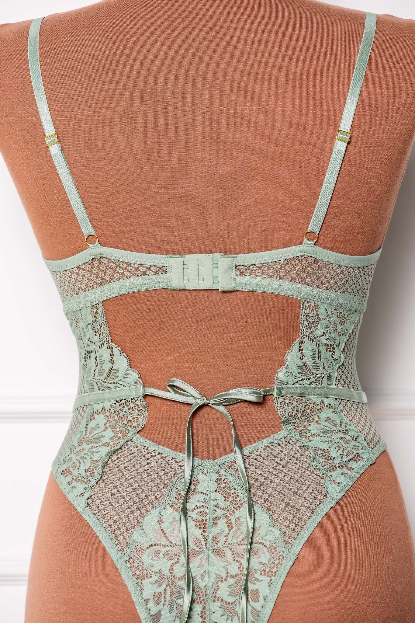 Lacy Caged Crotchless Teddy - Misty Jade - Mentionables