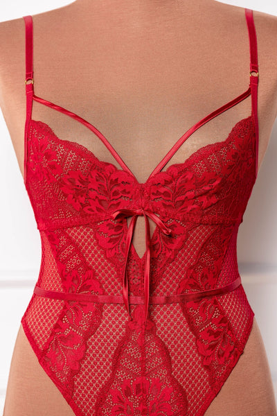 Lacy Caged Crotchless Teddy - Red - Mentionables