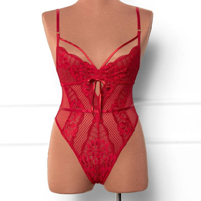 Lacy Caged Crotchless Teddy - Red - Mentionables