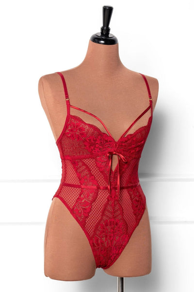 Lacy Caged Crotchless Teddy - Red - Mentionables