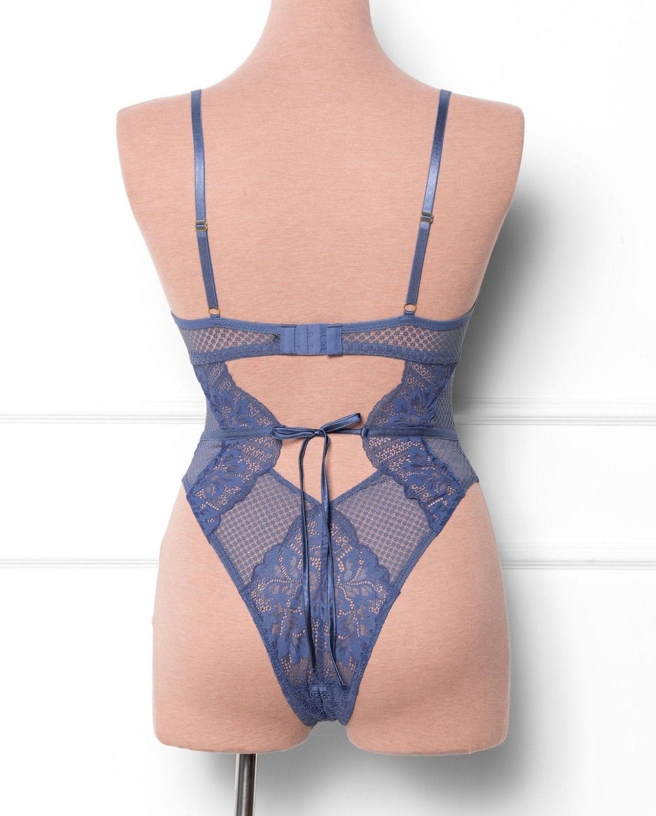 Lacy Caged Crotchless Teddy - Winter Blue - Mentionables