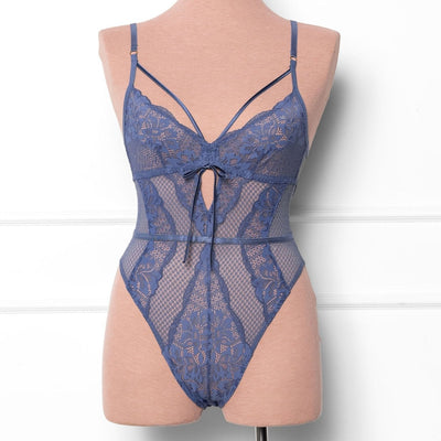 Lacy Caged Crotchless Teddy - Winter Blue - Mentionables