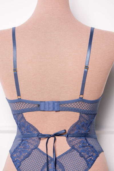 Lacy Caged Crotchless Teddy - Winter Blue - Mentionables