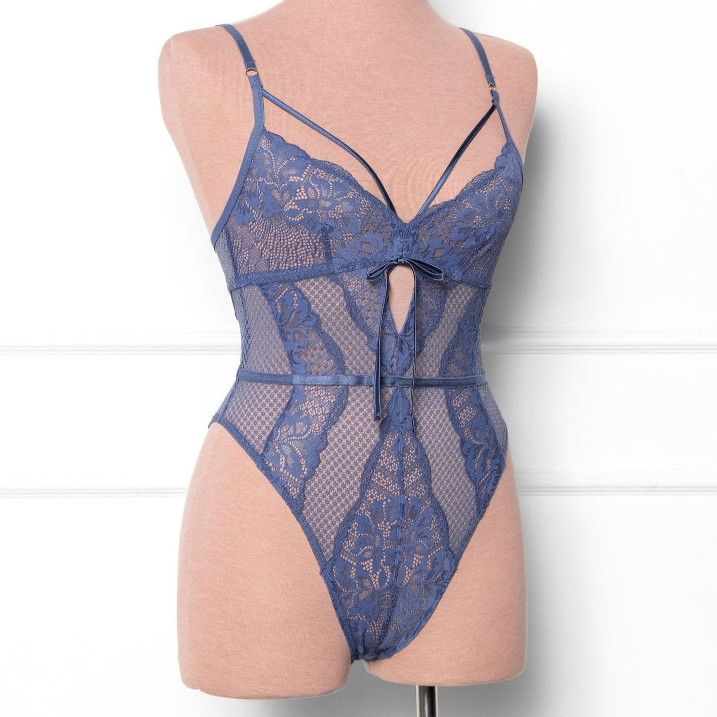 Lacy Caged Crotchless Teddy - Winter Blue - Mentionables