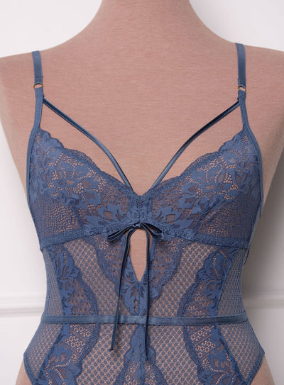 Lacy Caged Crotchless Teddy - Winter Blue - Mentionables