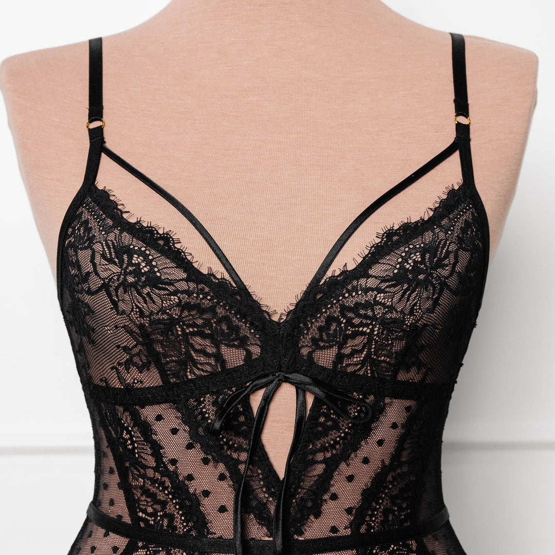 Lacy Caged Polka Dot Crotchless Teddy - Black | Mentionables