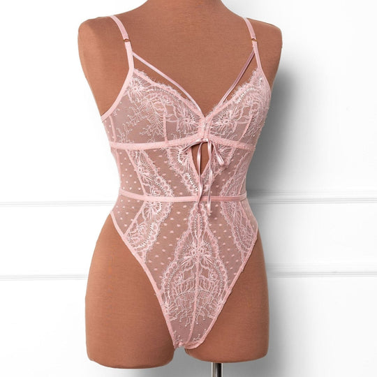 Lacy Crotchless Polka Dot Teddy - Blush - Mentionables