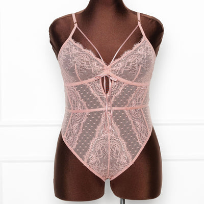 Lacy Crotchless Polka Dot Teddy - Blush - Mentionables