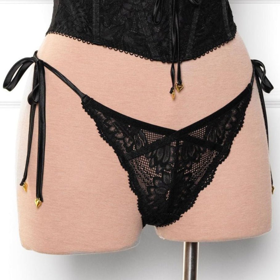 Lacy Heart Charm Side Tie Panty - Black - Mentionables