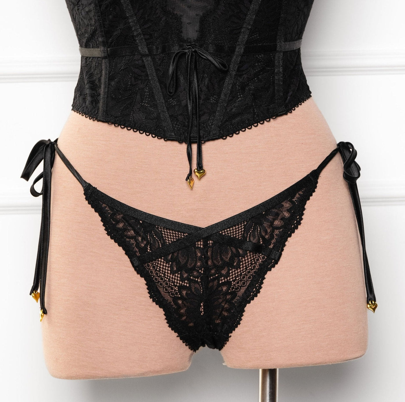 Lacy Heart Charm Side Tie Panty - Black - Mentionables