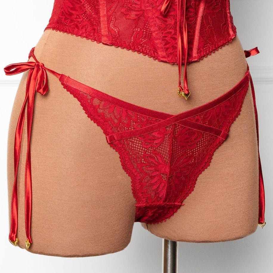 Lacy Heart Charm Side Tie Panty - Red - Mentionables