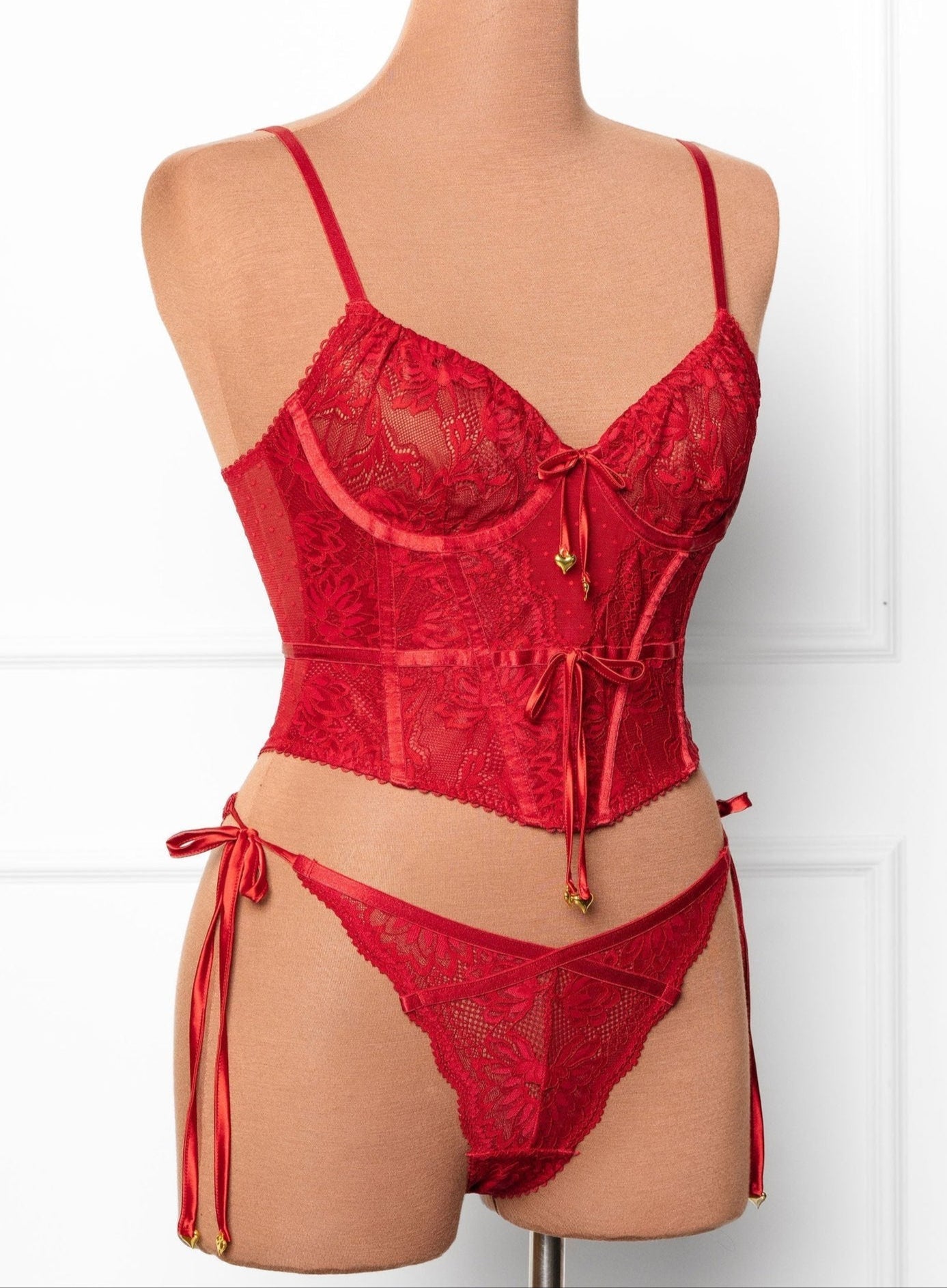 Lacy Heart Charm Side Tie Panty - Red - Mentionables