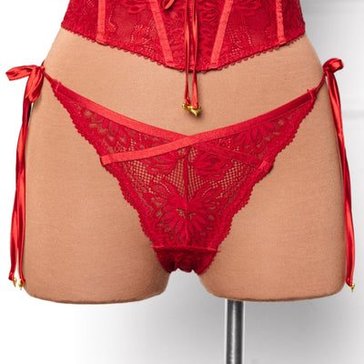 Lacy Heart Charm Side Tie Panty - Red - Mentionables