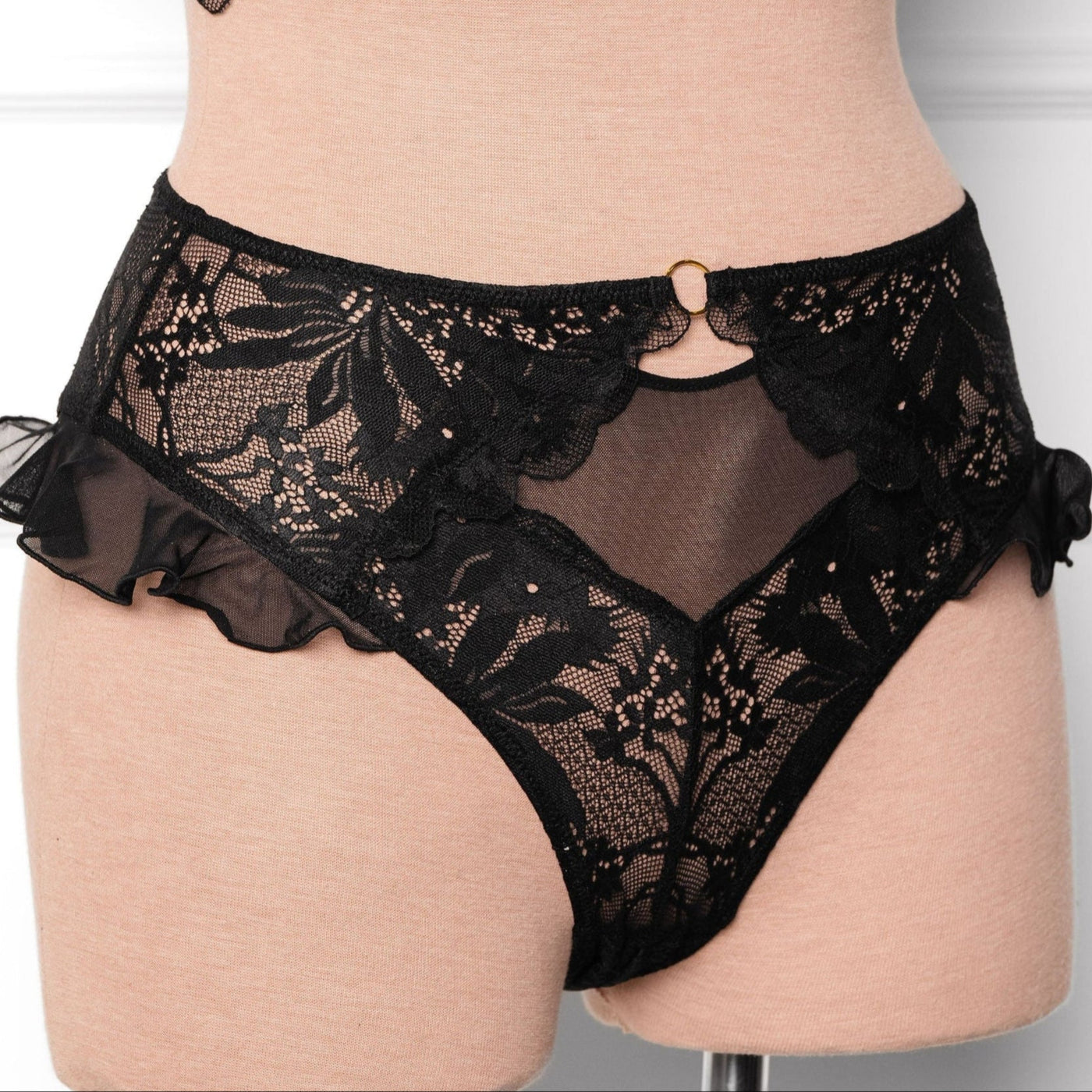 Lacy High Leg Crotchless Panty - Black - Mentionables