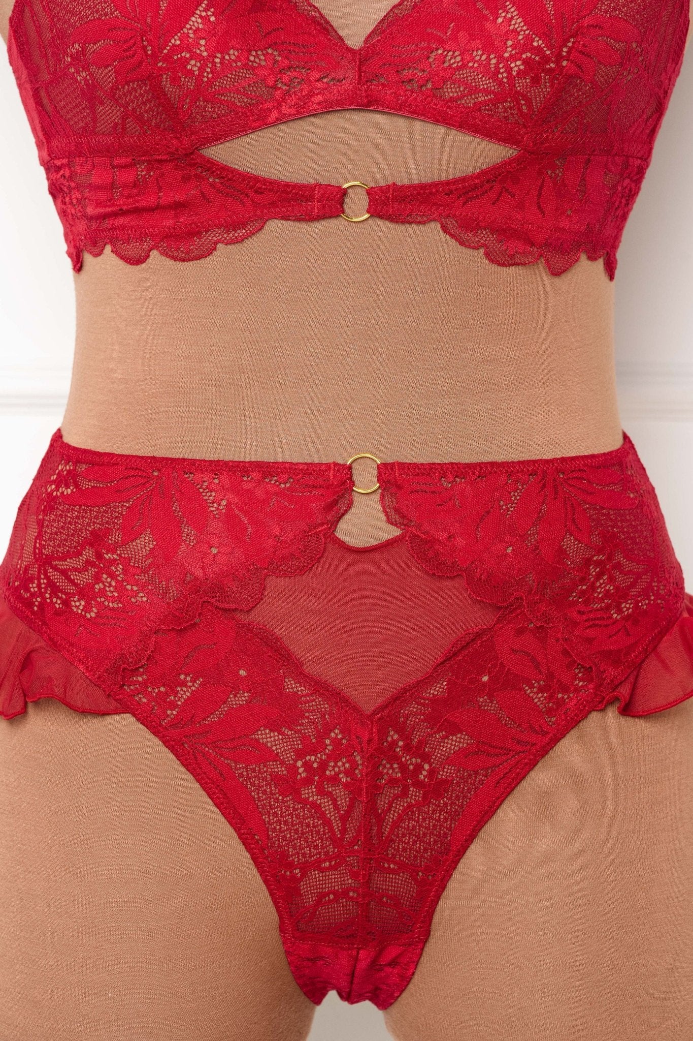 Lacy High Leg Crotchless Panty - Red - Mentionables