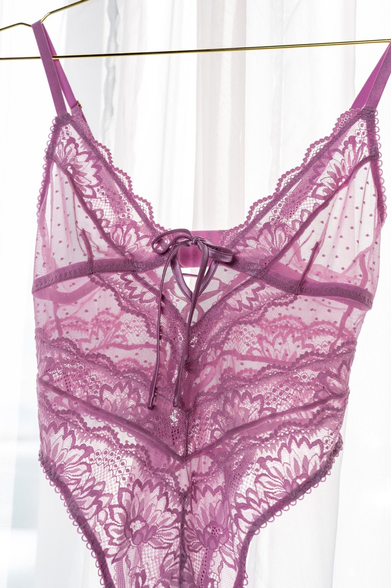 Lacy High Leg Crotchless Teddy - Lilac - Mentionables