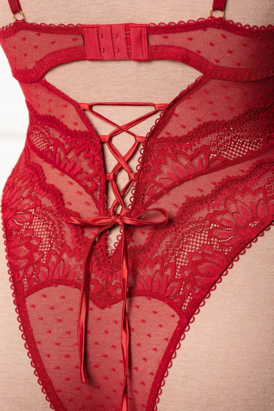 Lacy High Leg Crotchless Teddy - Red - Mentionables