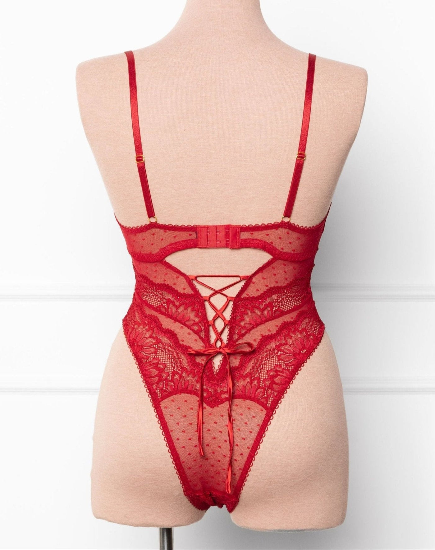 Lacy High Leg Crotchless Teddy - Red - Mentionables