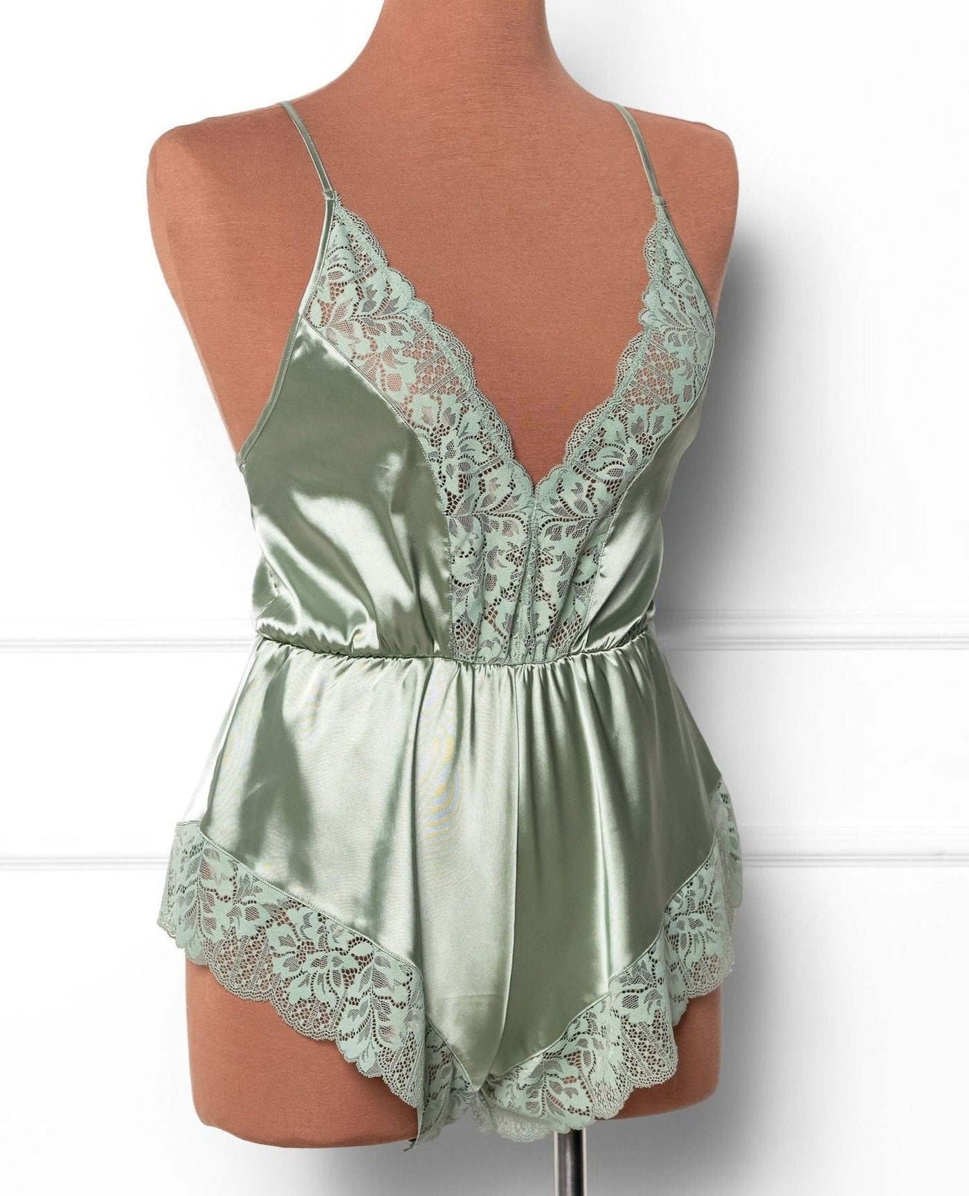 Lacy Plunge Satin Romper - Misty Jade - Mentionables