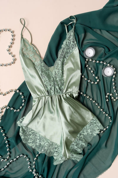 Lacy Plunge Satin Romper - Misty Jade - Mentionables