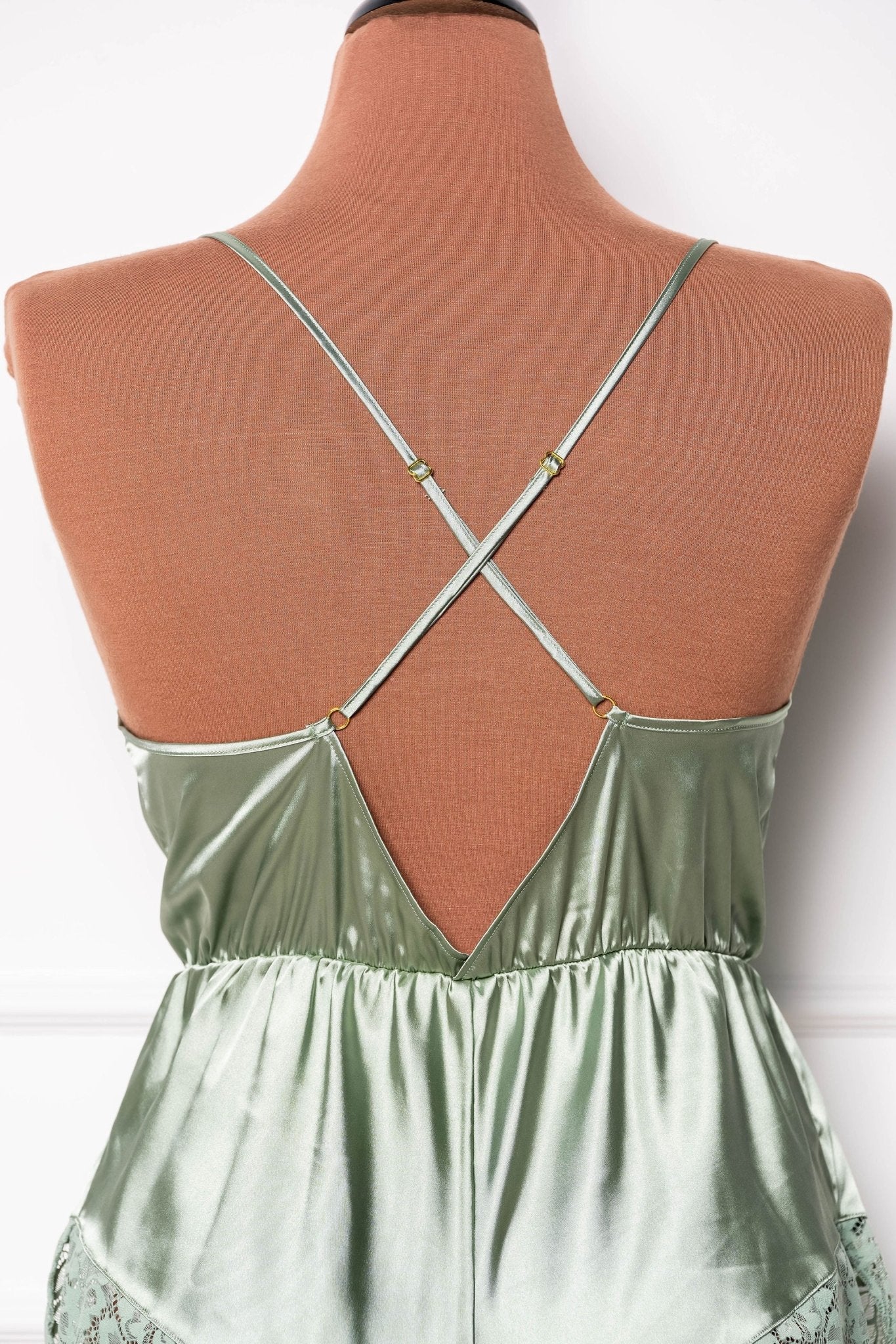 Lacy Plunge Satin Romper - Misty Jade - Mentionables