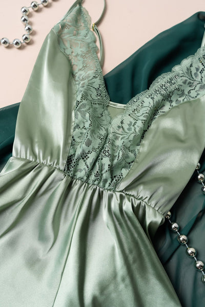 Lacy Plunge Satin Romper - Misty Jade - Mentionables