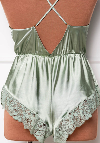 Lacy Plunge Satin Romper - Misty Jade - Mentionables