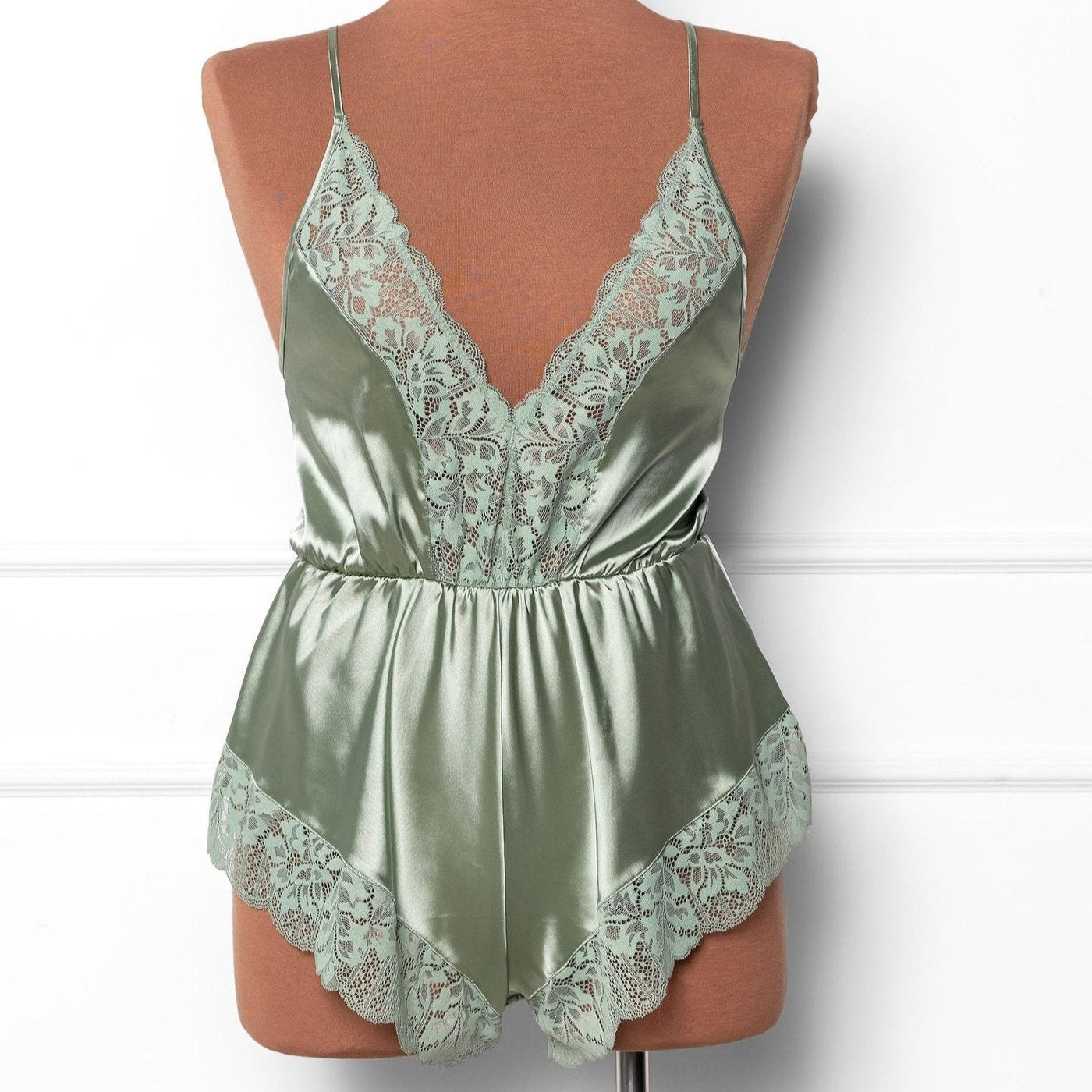 Lacy Plunge Satin Romper - Misty Jade - Mentionables