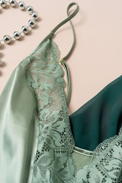 Lacy Plunge Satin Romper - Misty Jade - Mentionables