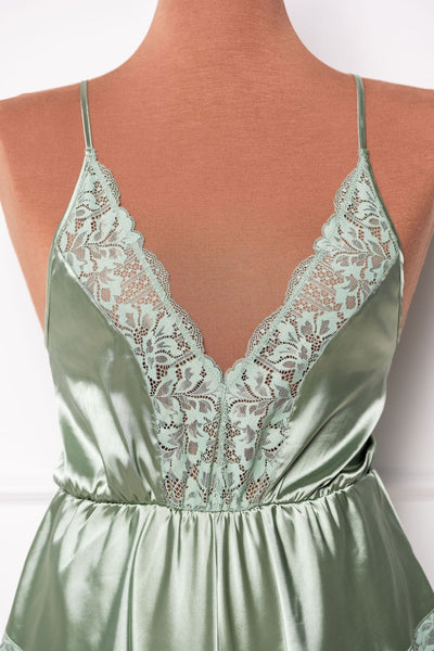 Lacy Plunge Satin Romper - Misty Jade - Mentionables