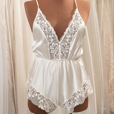 Lacy Plunge Satin Romper - Pearl - Mentionables