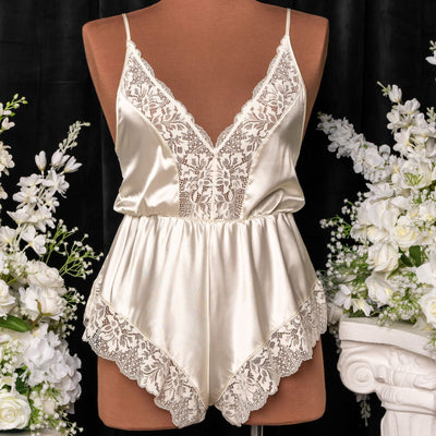 Lacy Plunge Satin Romper - Pearl - Mentionables