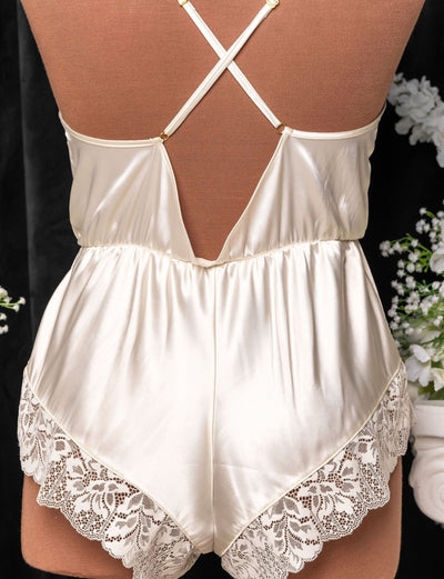 Lacy Plunge Satin Romper - Pearl - Mentionables