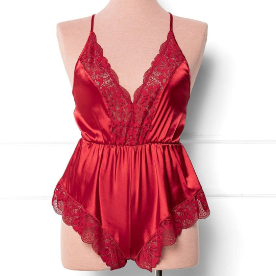 Lacy Plunge Satin Romper - Red - Mentionables