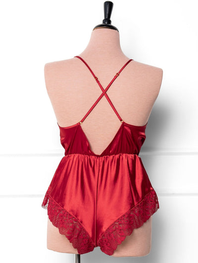 Lacy Plunge Satin Romper - Red - Mentionables