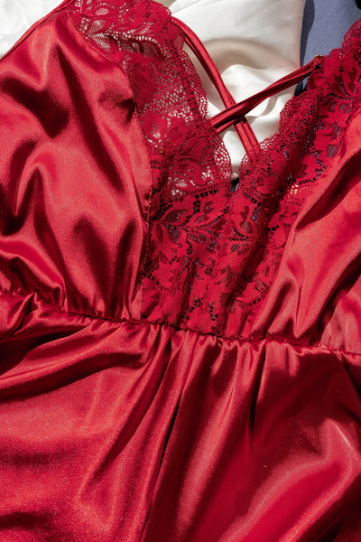 Lacy Plunge Satin Romper - Red - Mentionables