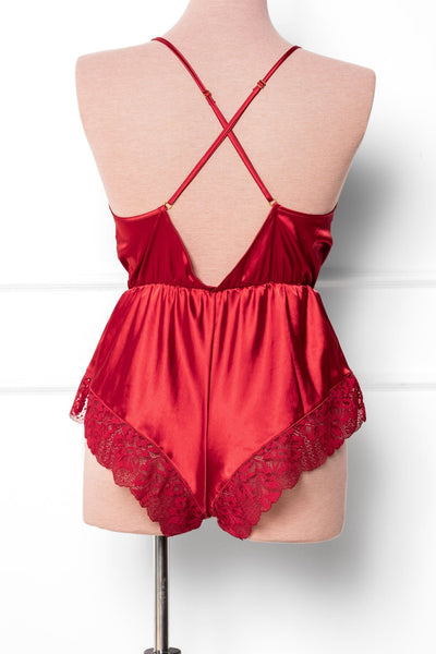 Lacy Plunge Satin Romper - Red - Mentionables