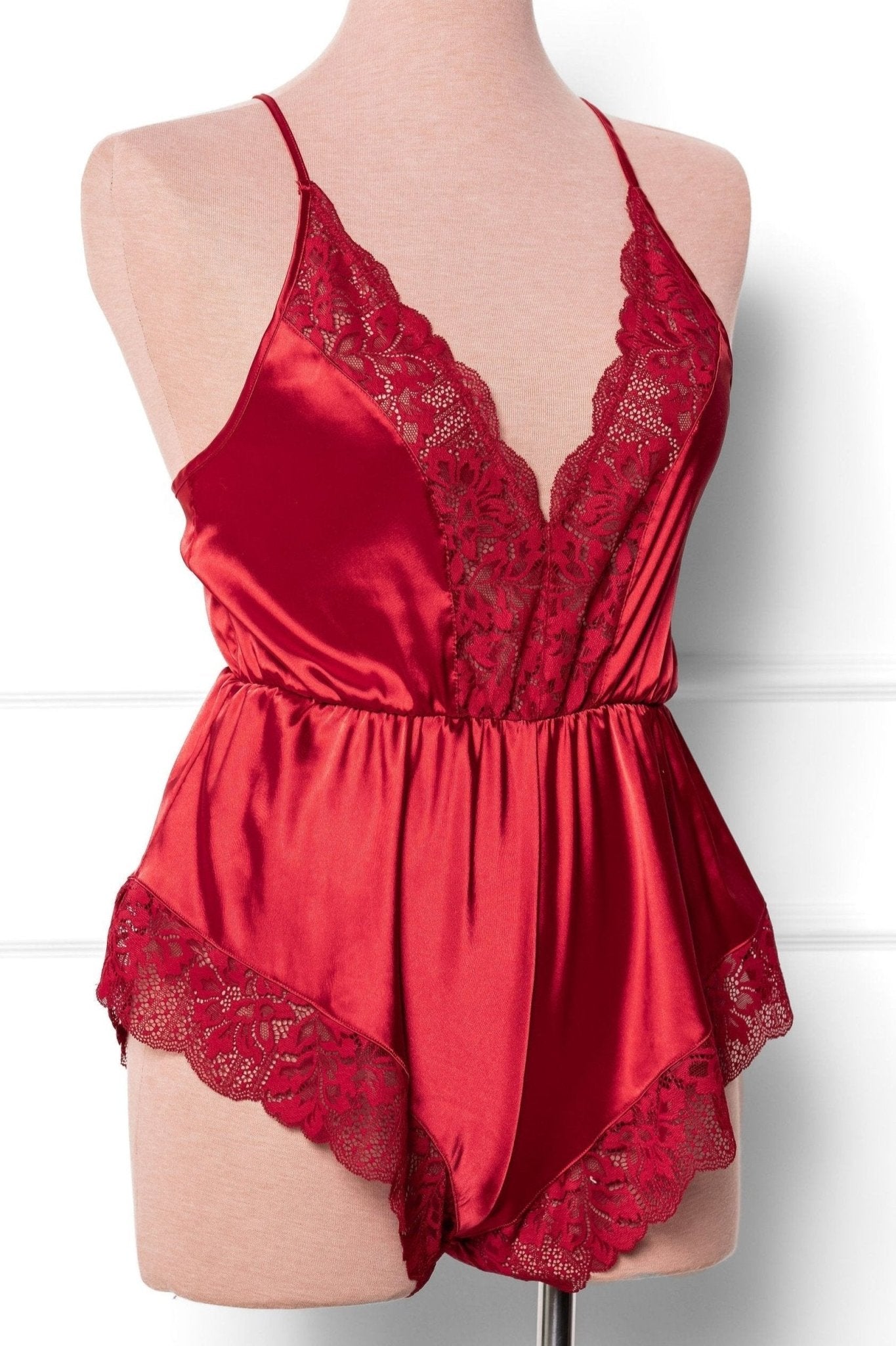 Lacy Plunge Satin Romper - Red - Mentionables