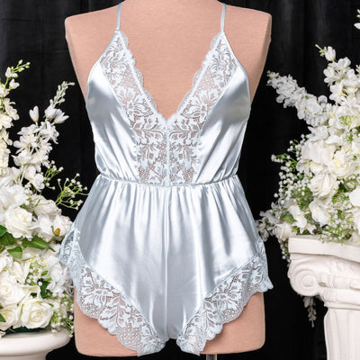 Lacy Plunge Satin Romper - Something Blue - Mentionables